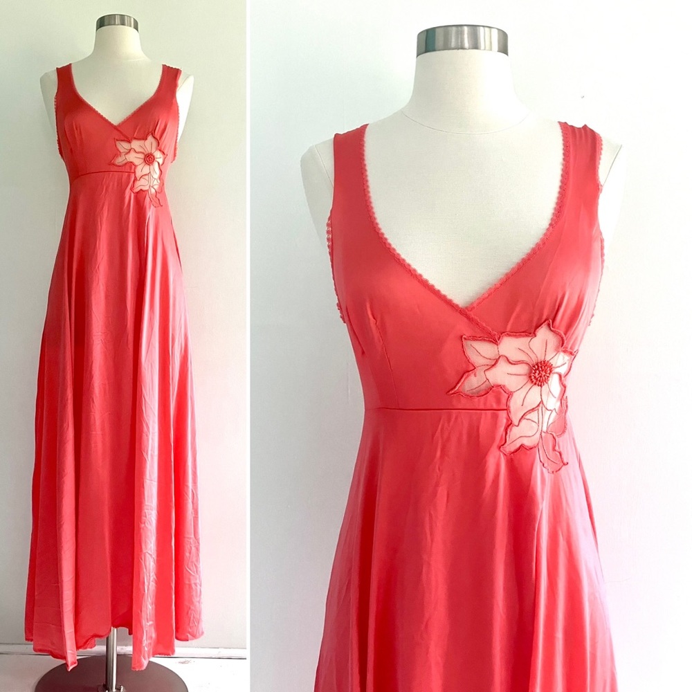 Vintage 70’s coral red orange lace flower slip gown dress & robe jacket set - Picture 2 of 16